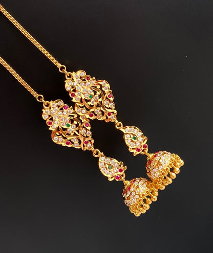 Gold tone AD pink-green south Indian mango jhumkka with ear side chain dj-53689