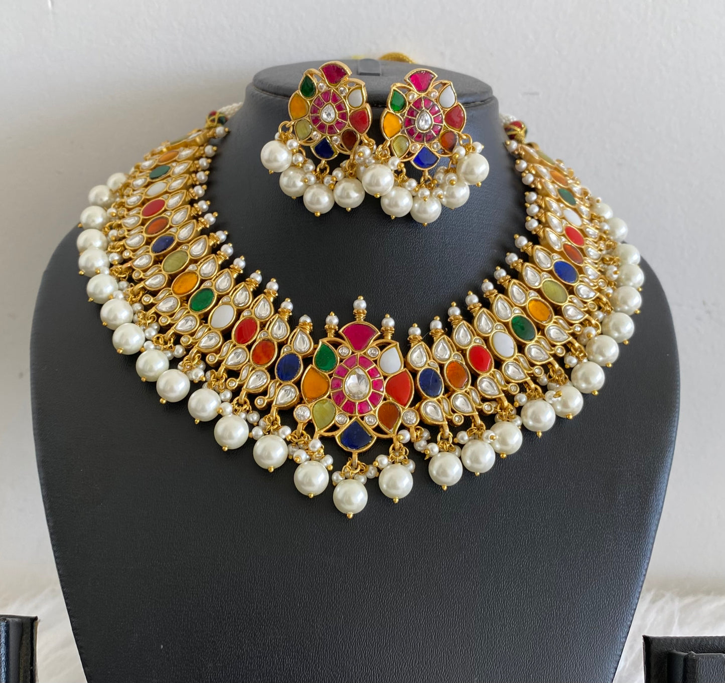 Antique gold tone pearl kundan jadau navarathna necklace set dj-54168