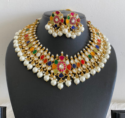 Antique gold tone pearl kundan jadau navarathna necklace set dj-54168