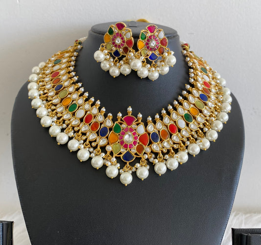 Antique gold tone pearl kundan jadau navarathna necklace set dj-54168