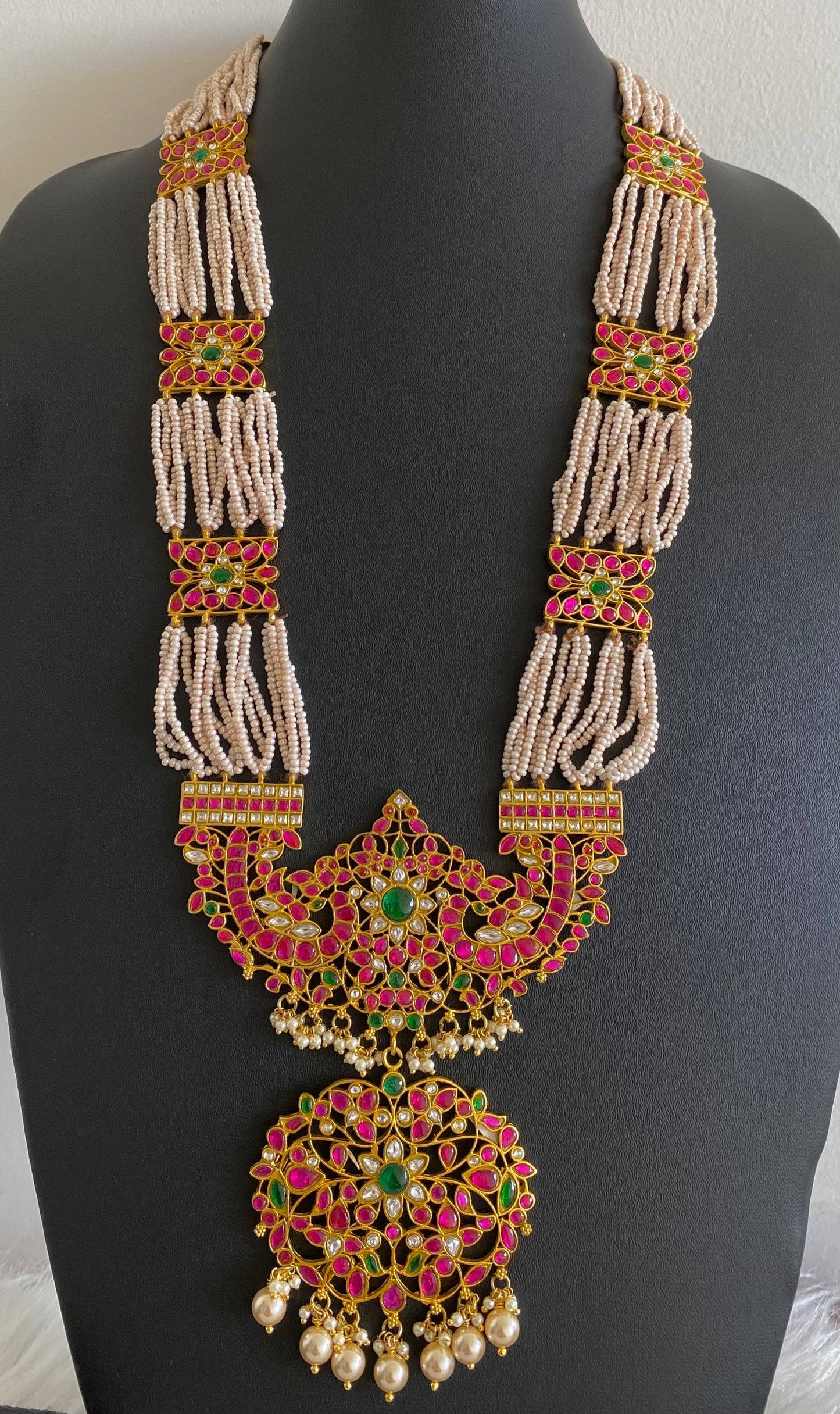 Antique gold pink-green-white pearl kundan jadau haar dj-54157