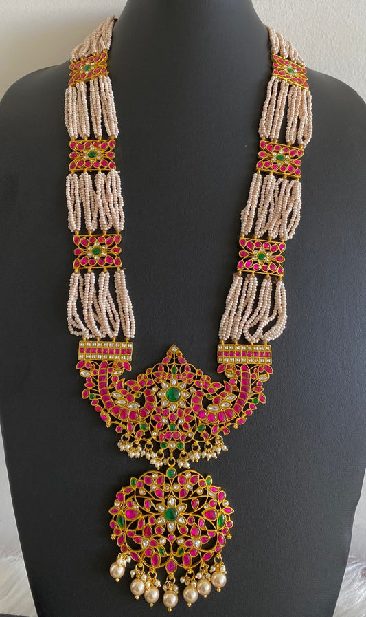Antique gold pink-green-white pearl kundan jadau haar dj-54157