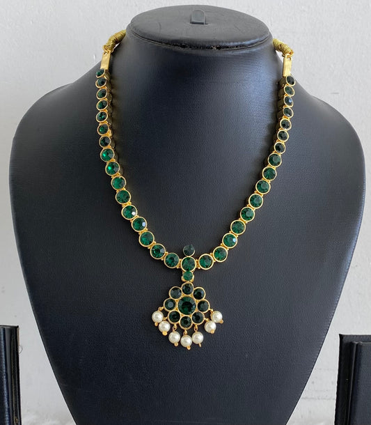 Gold tone AD green stone pearl attigai necklace dj-54749