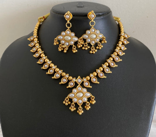 Antique gold tone coral-pearl stone reversible mango necklace set dj-54085