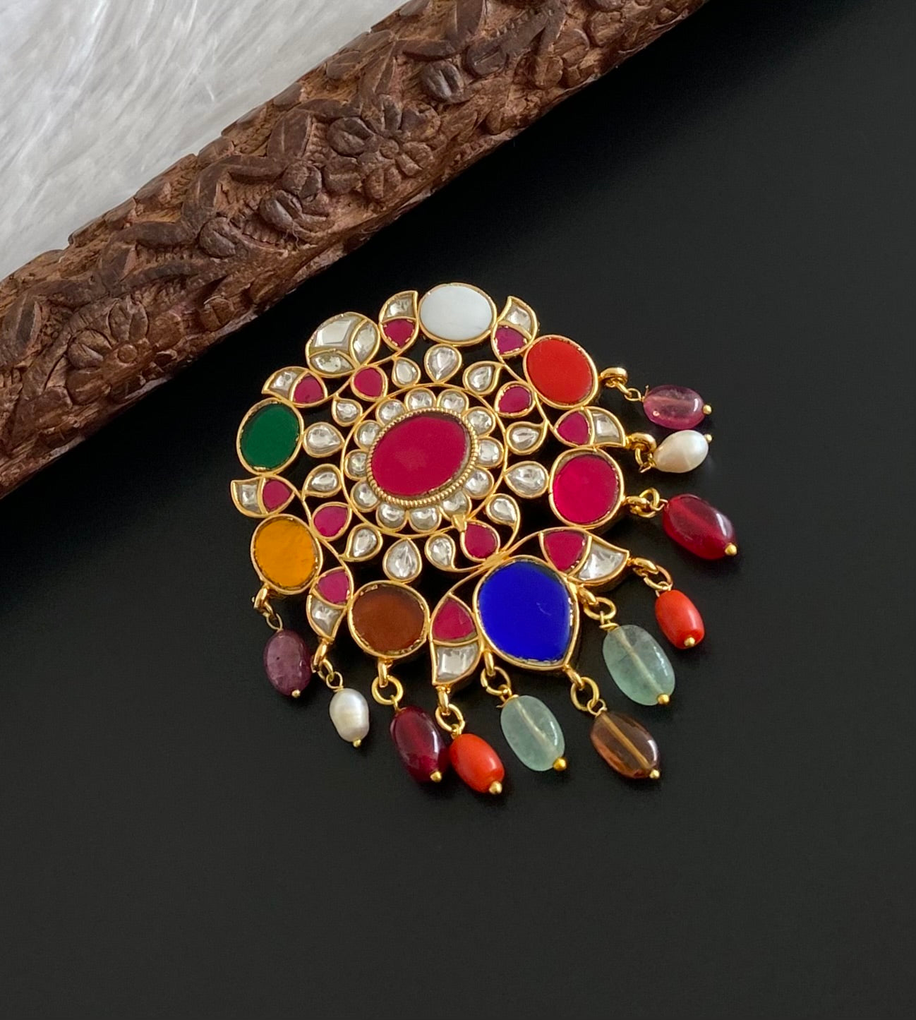 Gold tone navarathna kundan jadau flower pendant dj-51587