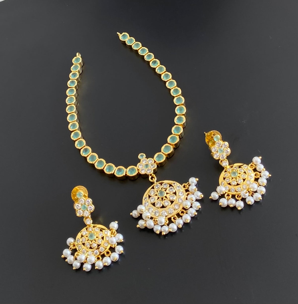 Gold tone AD sea green white stone south indian style attigai/necklace set dj-55144