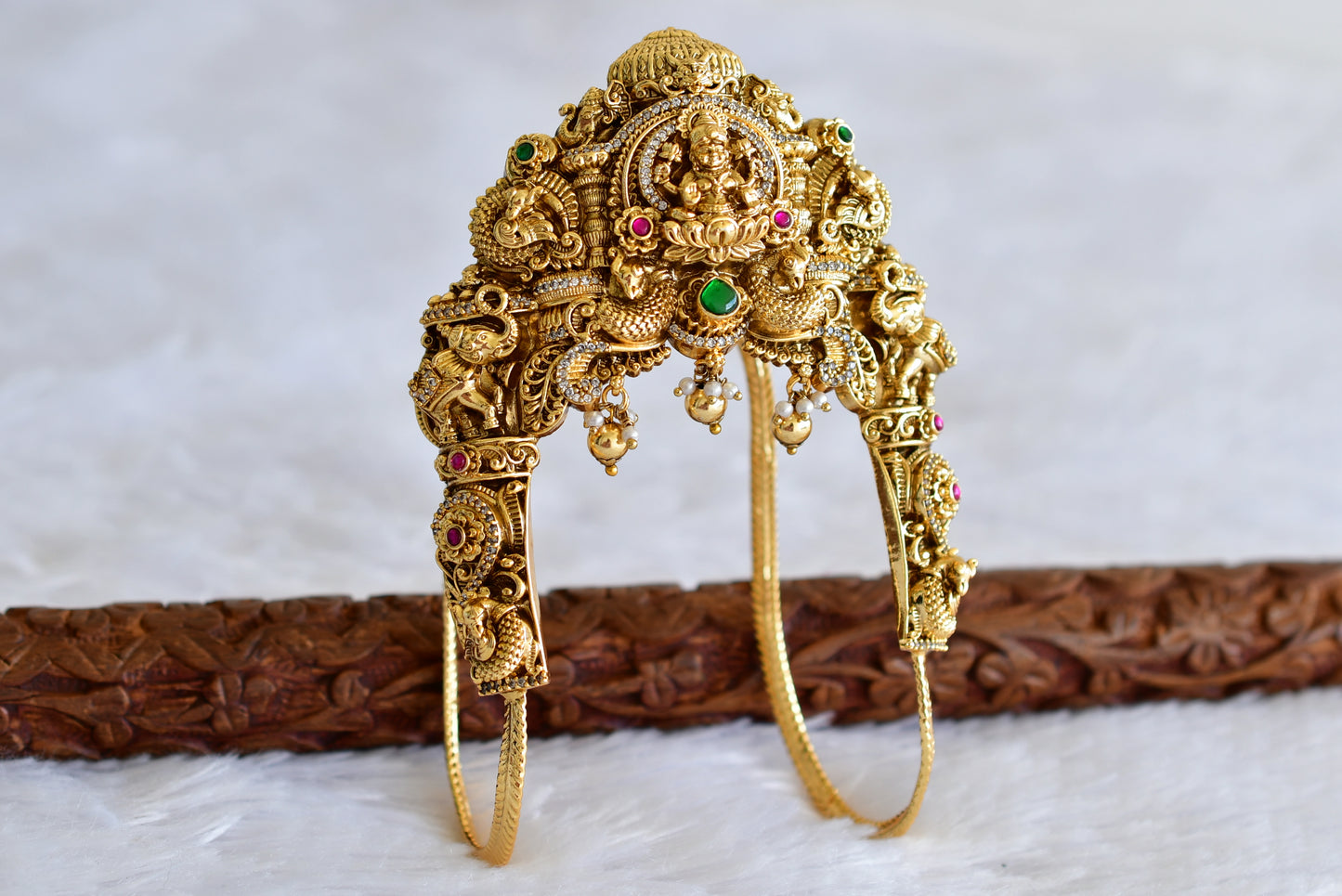 Antique gold tone cz pink-green jadau lakshmi peacock elephant nakshi vanki/bajuband dj-51969