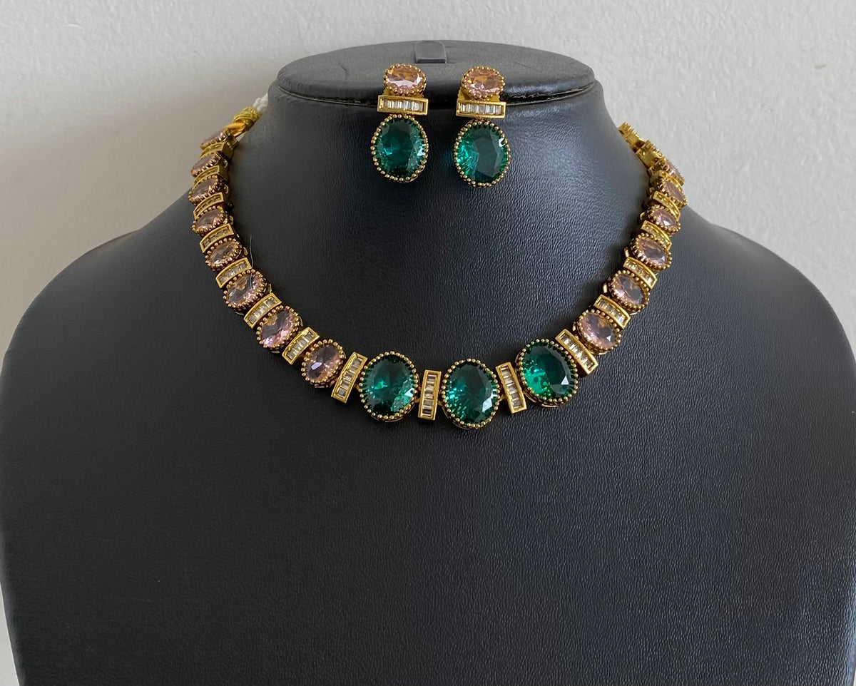 Antique gold tone white stone baby pink peacock green stone necklace set dj-54810