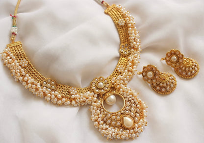 Antique gold tone pearl bali necklace set-dj04186