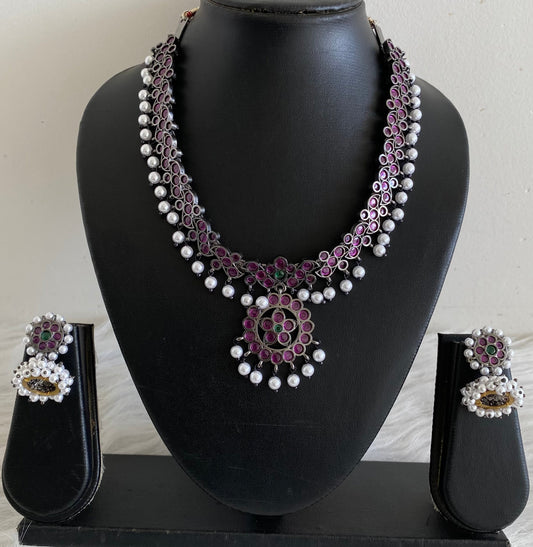 Black finish precious kemp-green pearl attigai necklace set dj-54091