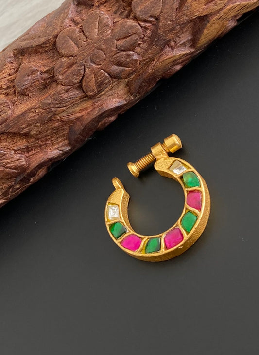 Gold tone kundan jadau pink-green-white stone nose pin dj-53722