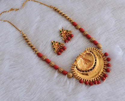 Matte finish coral beaded kemp-green lakshmi necklace set dj-52978