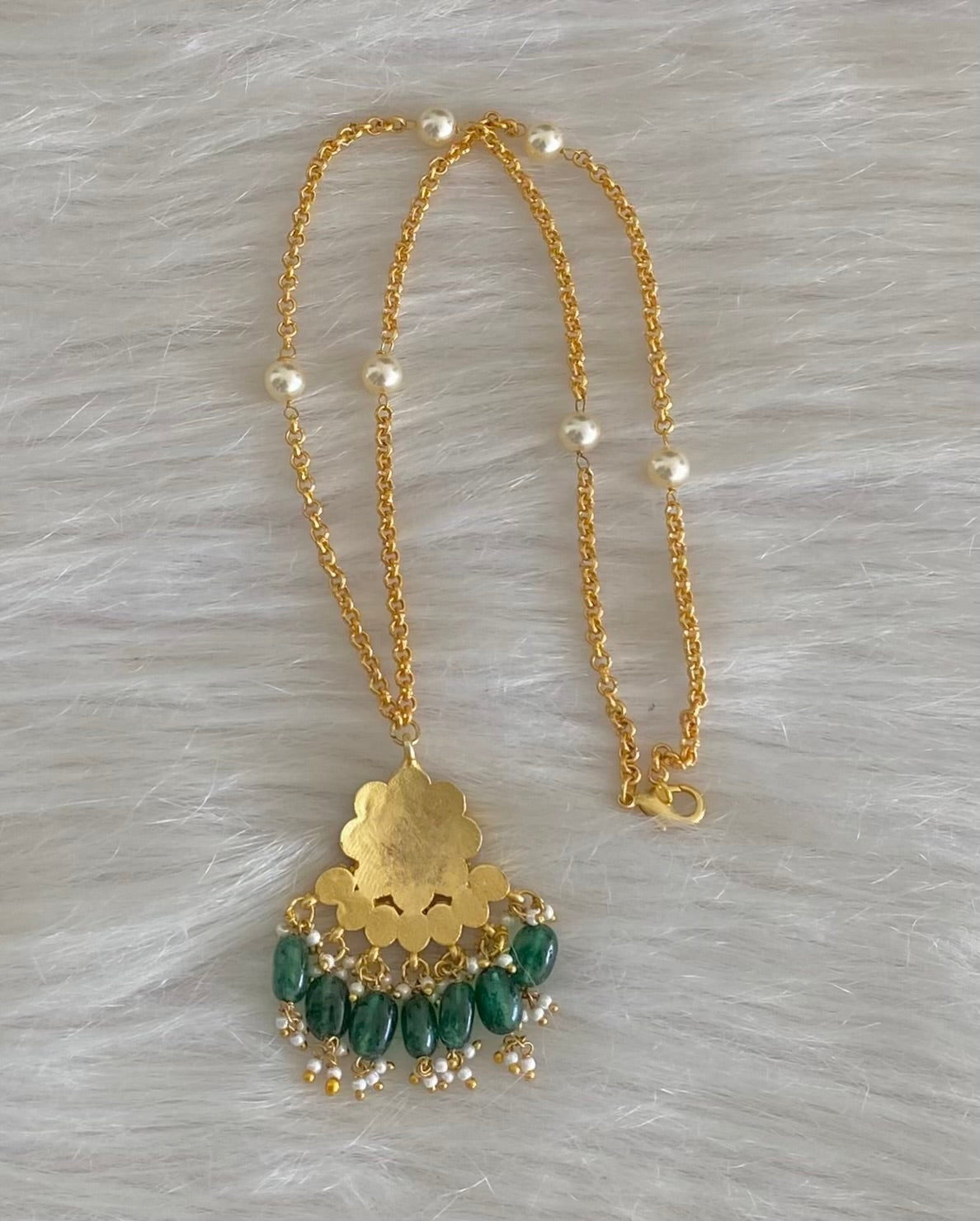 Gold tone green beaded pearl kundan jadau chain with pendant dj-54787