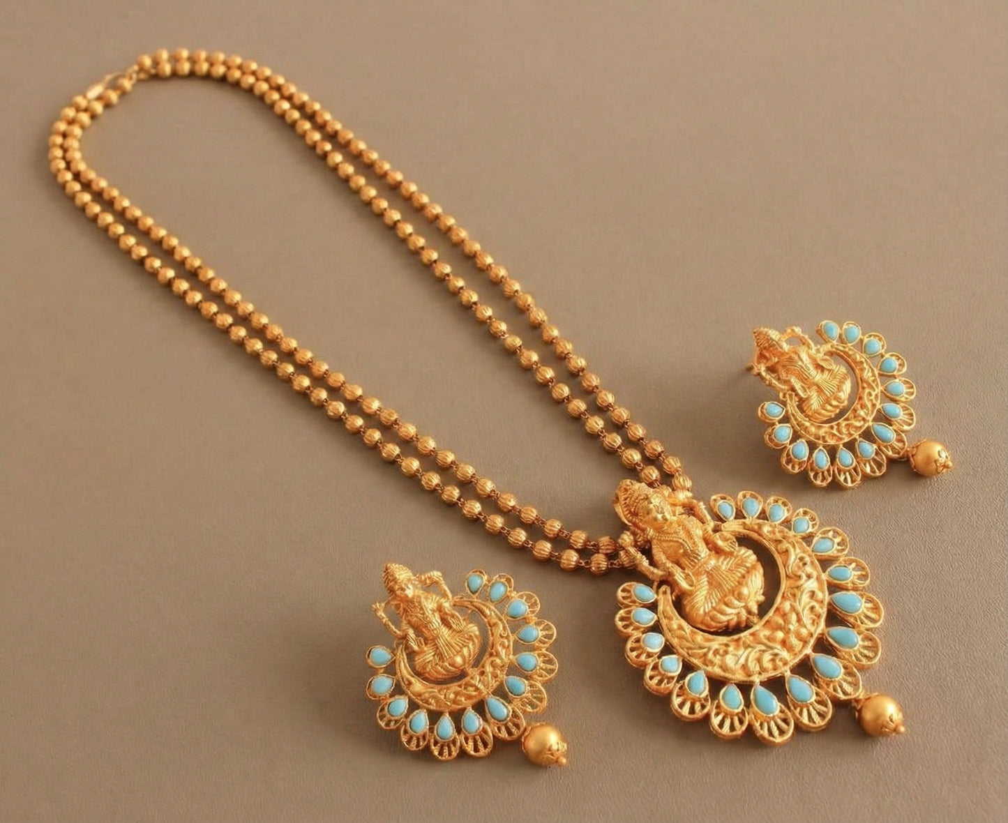 Matte finish double layer turquoise lakshmi necklace set-dj12510