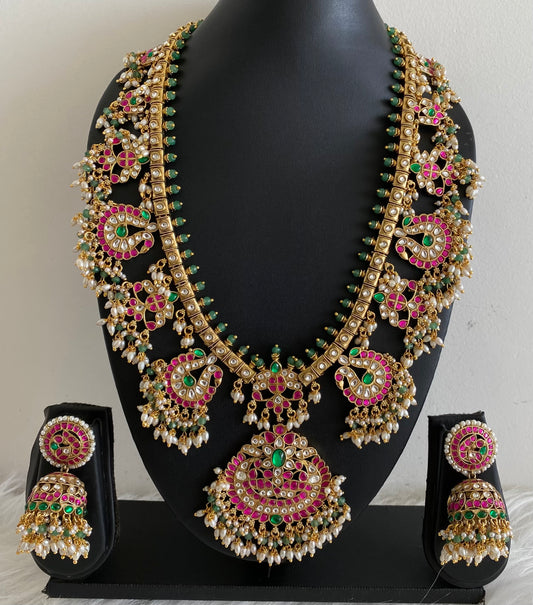 Antique gold tone peacock green beaded kundan jadau rice pearl haar set dj-54155