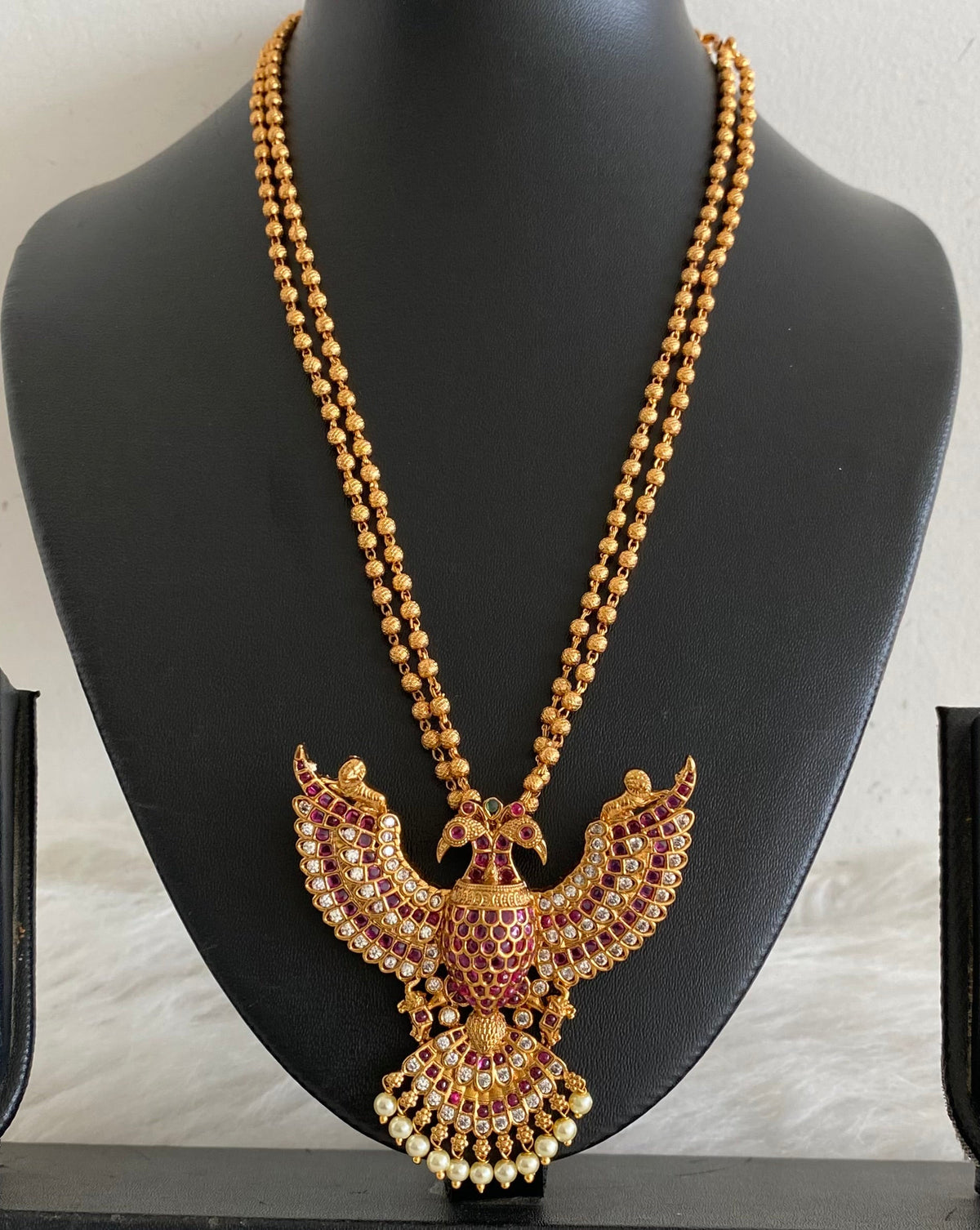 Matte finish pink-white pearl gandaberunda necklace dj-55015