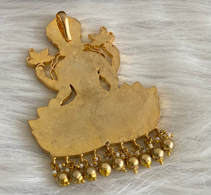 Gold tone pink-green-white kundan jadau lakshmi pendant dj-53844