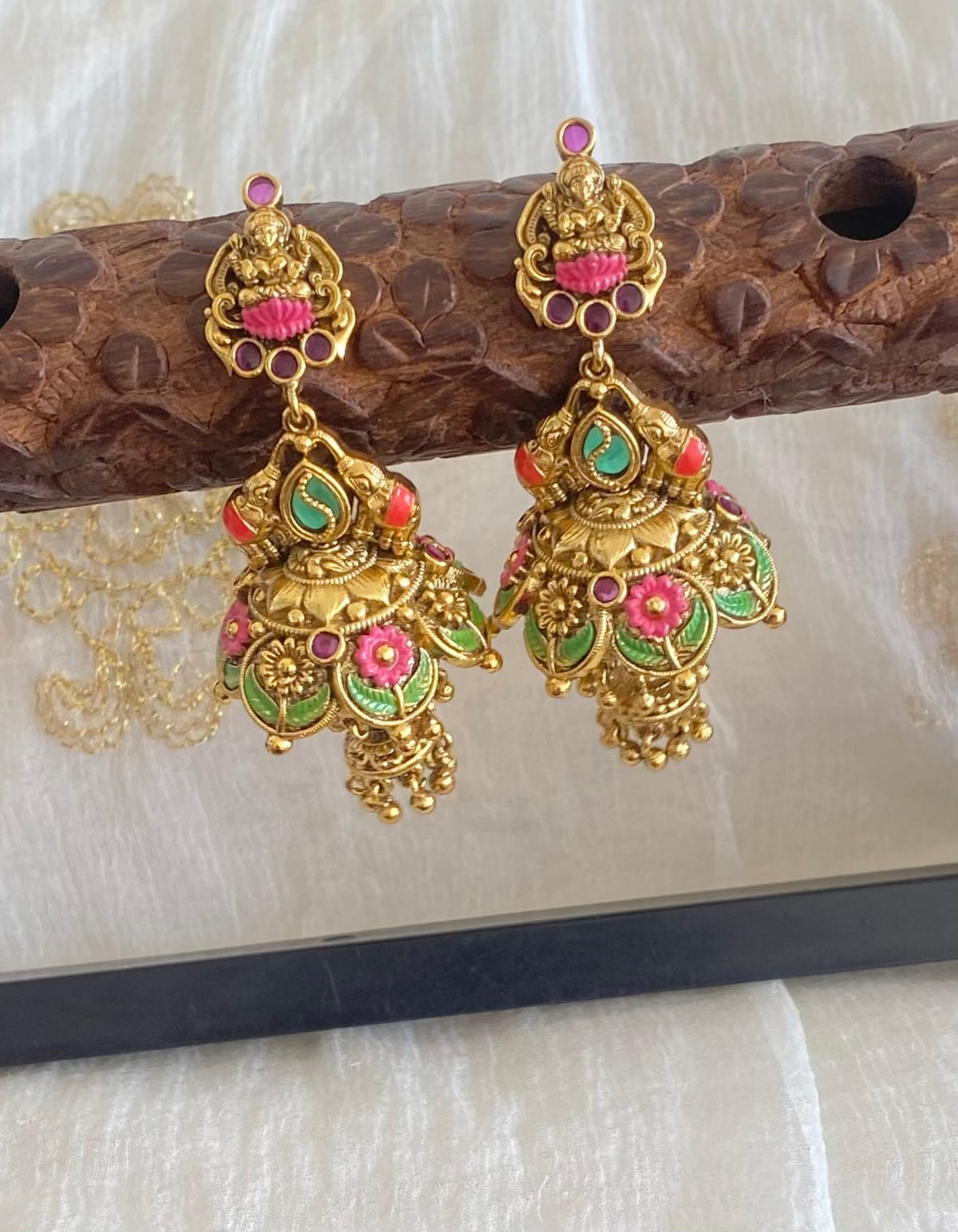 Antique gold tone meenakari gaja lakshmi step jhumkka dj-55099
