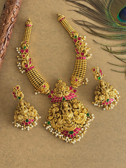 Gold tone pink-green kundan jadau pearl cluster Lakshmi-peacock necklace set dj-51550