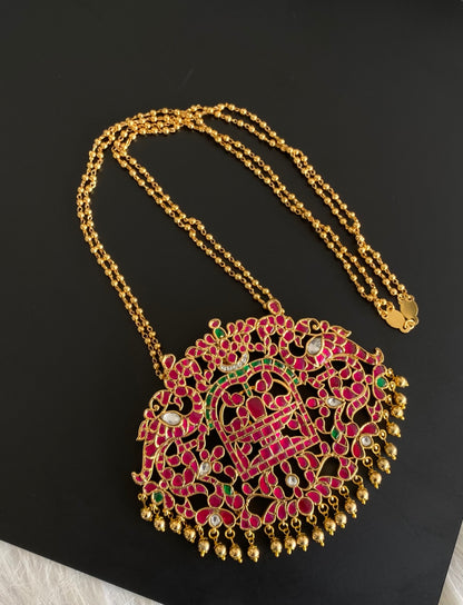 Gold tone pink-green-white kundan jadau big Shivaling peacock haar dj-54196