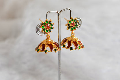 Gold tone red-green flower enamel jhumkka dj-52365