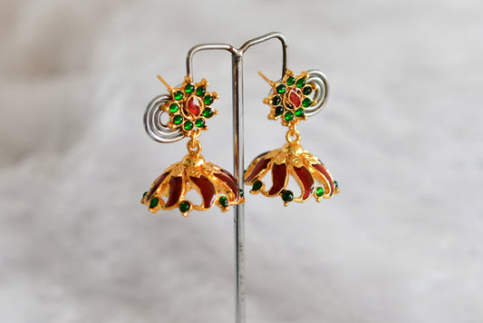 Gold tone red-green flower enamel jhumkka dj-52365