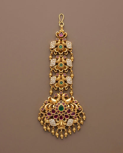 Antique gold tone kemp-green white stone peacock tikka dj-47730