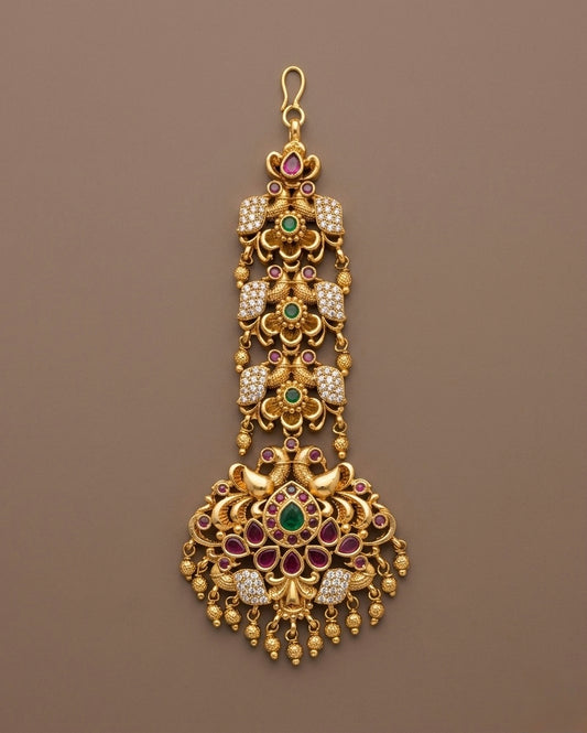 Antique gold tone kemp-green white stone peacock tikka dj-47730