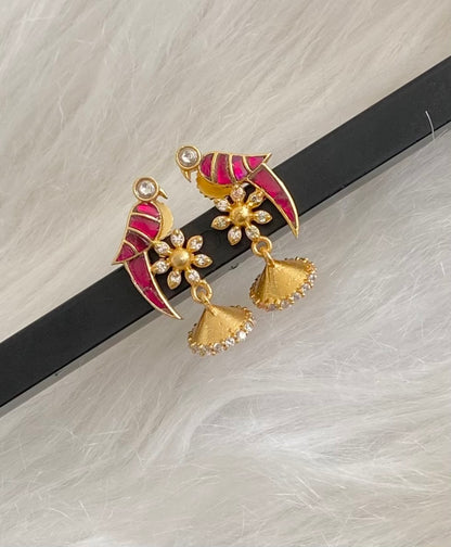 Gold tone pink-white stone kundan jadau bird jhumkka dj-54590