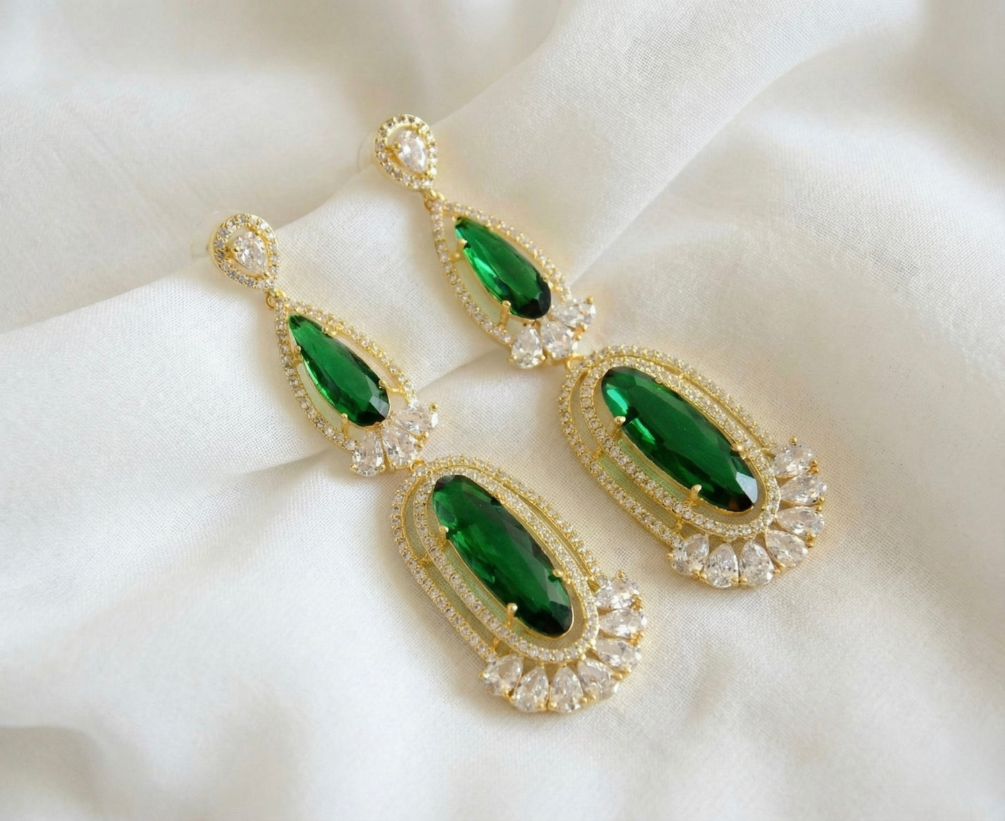 Gold Tone AD Green long Earrings DJ31419