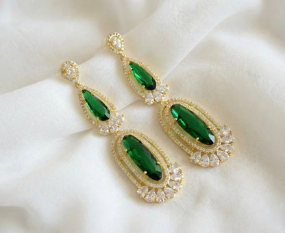 Gold Tone AD Green long Earrings DJ31419