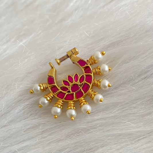 Gold tone kundan jadau pink stone pearl nose pin dj-53717