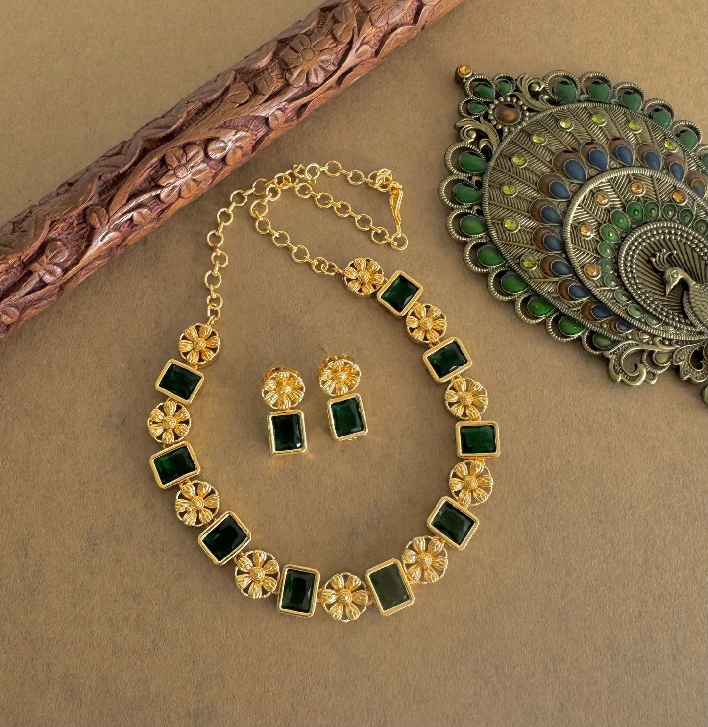 Gold tone green block stone flower necklace set dj-52094