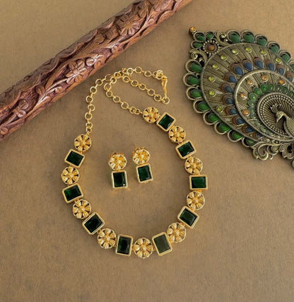 Gold tone green block stone flower necklace set dj-52094