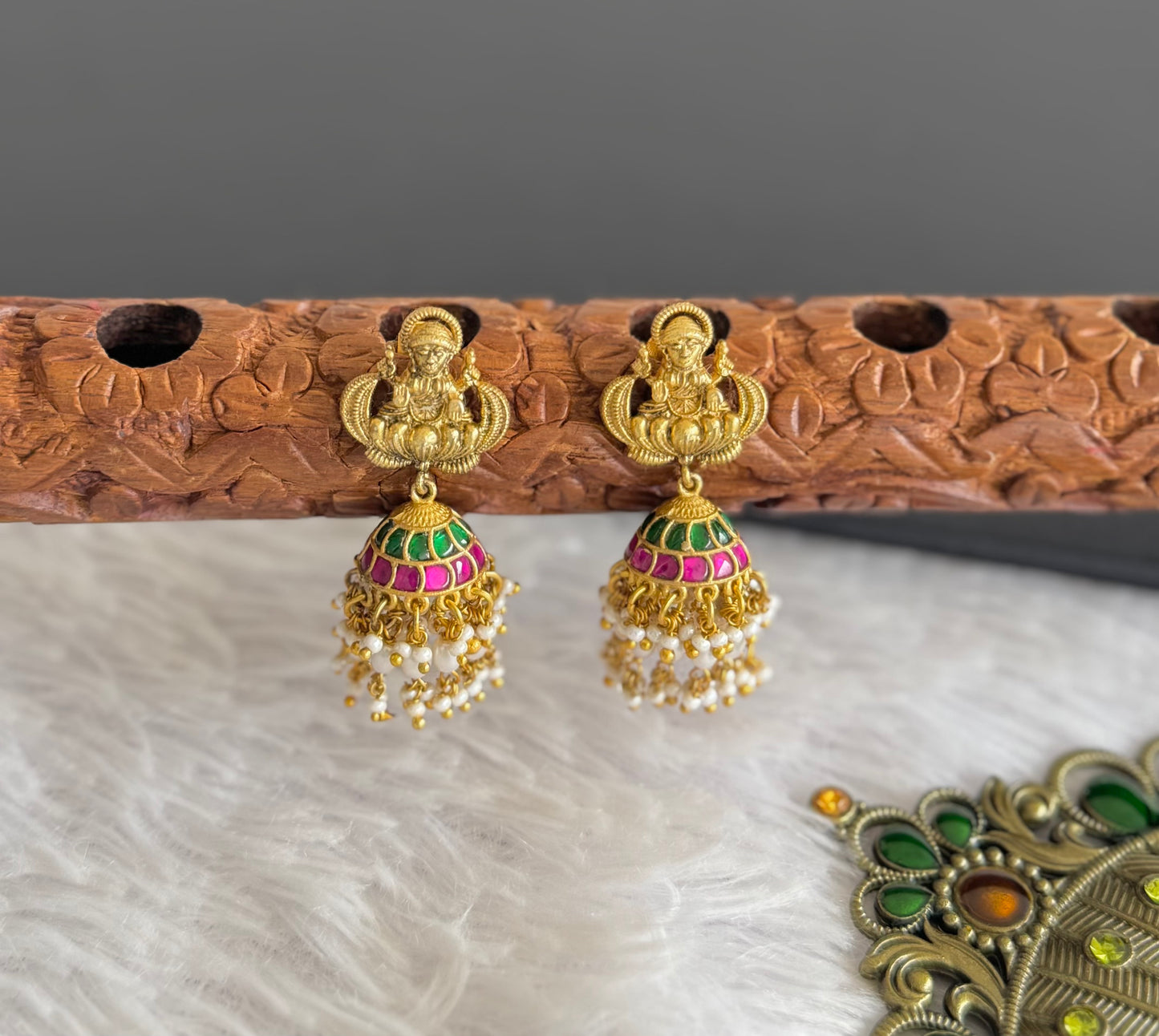 Gold tone pink-green-white kundan jadau lakshmi green beaded jhumkka dj-51506