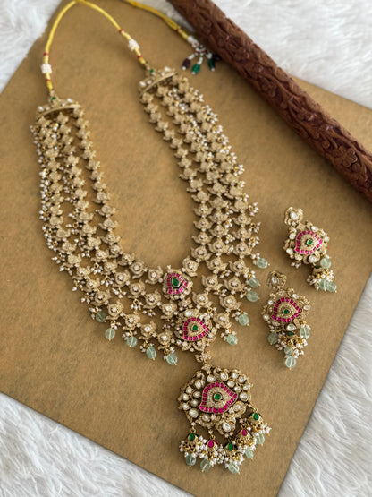 Antique gold tone cz pink-green kundan layer haar set dj-51559