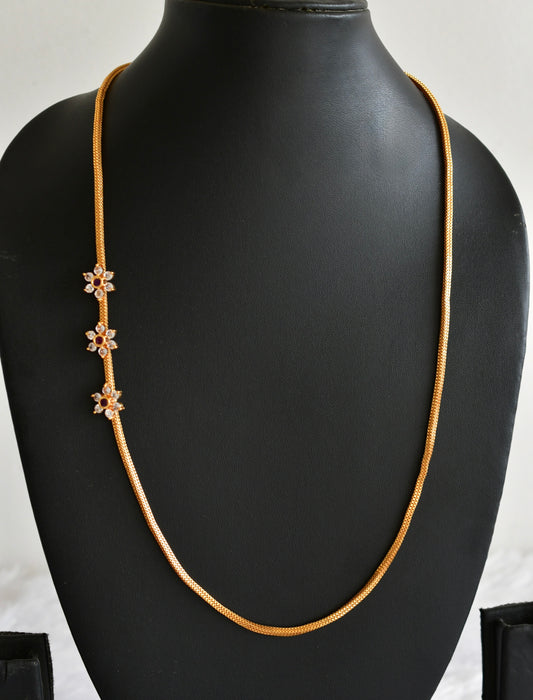 Gold tone maroon-white stone flower mugappu chain dj-51898