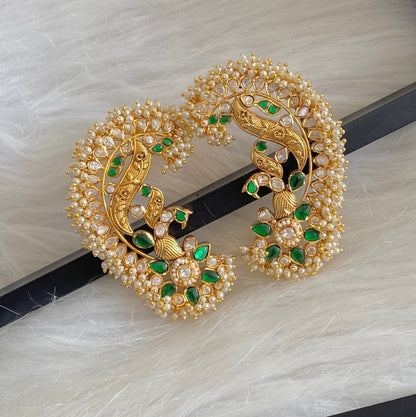 Gold tone white-green kundan jadau big peacock khanpool earrings dj-54571