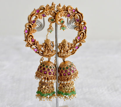 Antique gold tone kemp-green-pearl peacock khanpool step jhumkka dj-51875