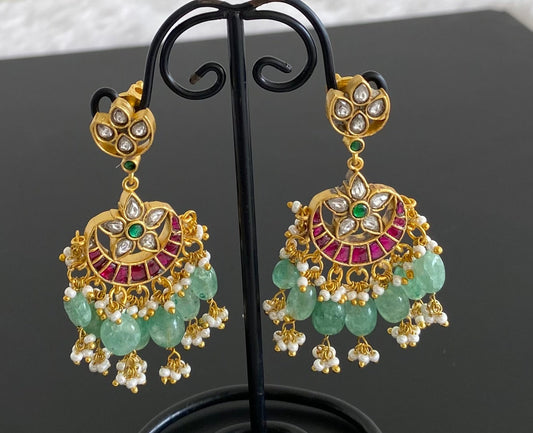 Gold tone pink-green-white stone green beaded kundan jadau bali earrings dj-53560