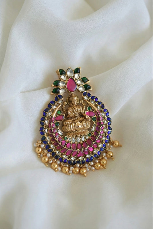 Antique gold tone pink-blue kundan jadau Lakshmi pendant dj-52607