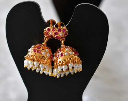 Gold tone ad pink pearl jhumkka dj-51889