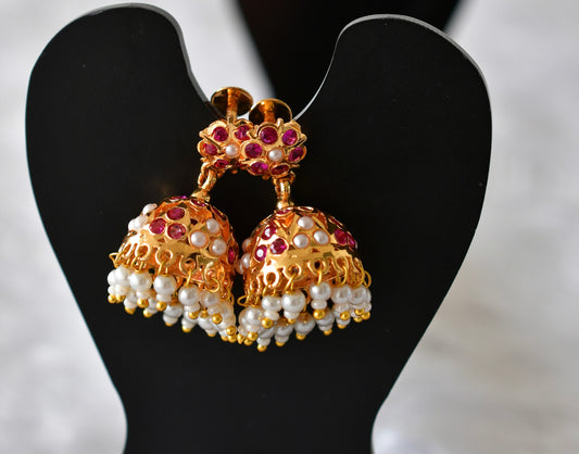 Gold tone ad pink pearl jhumkka dj-51889