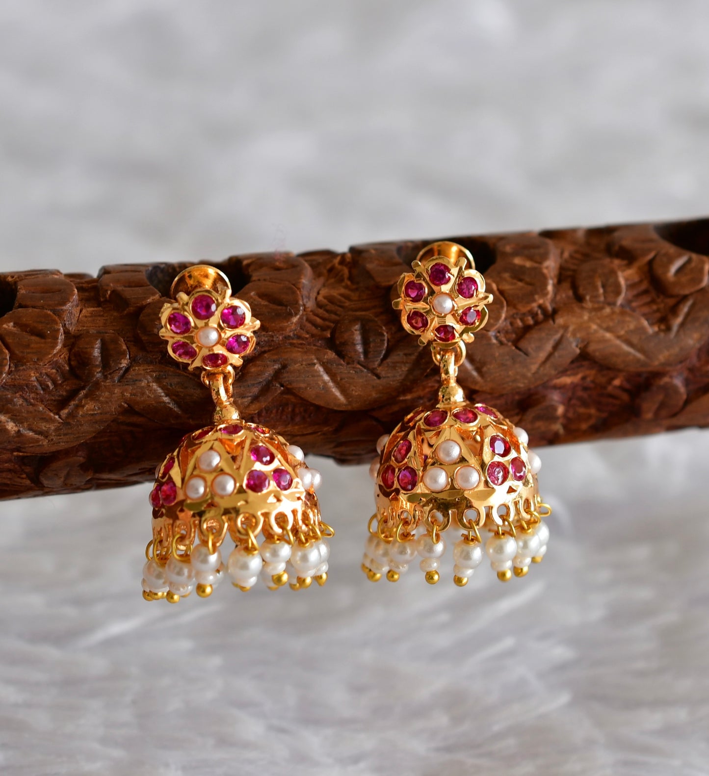 Gold tone ad pink pearl jhumkka dj-51889