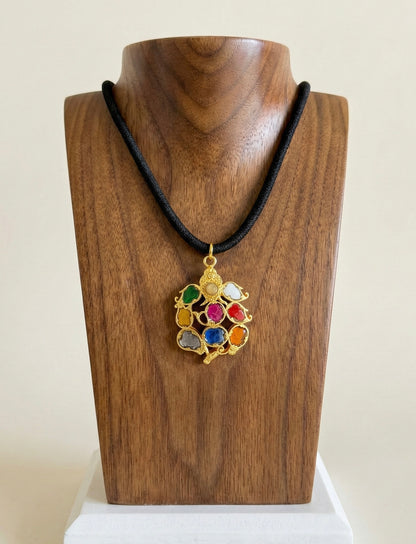 Gold tone black thread ganesha navarathna kundan jadau necklace dj-52505