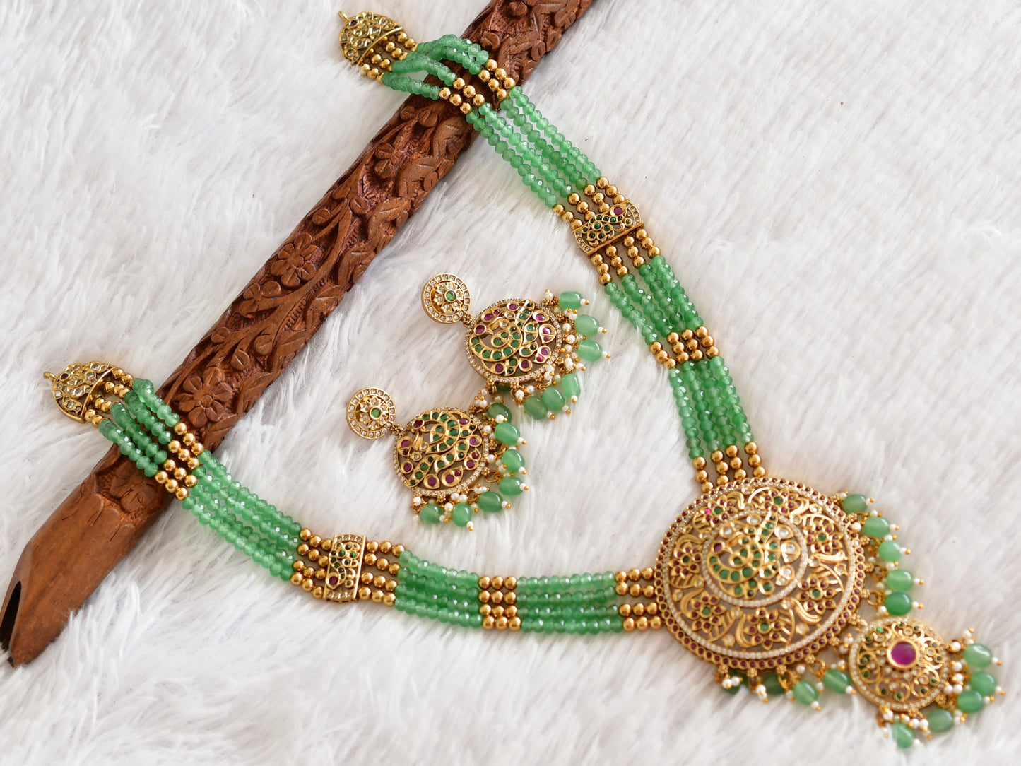 Antique gold tone pink-green beaded peacock haar set dj-52438