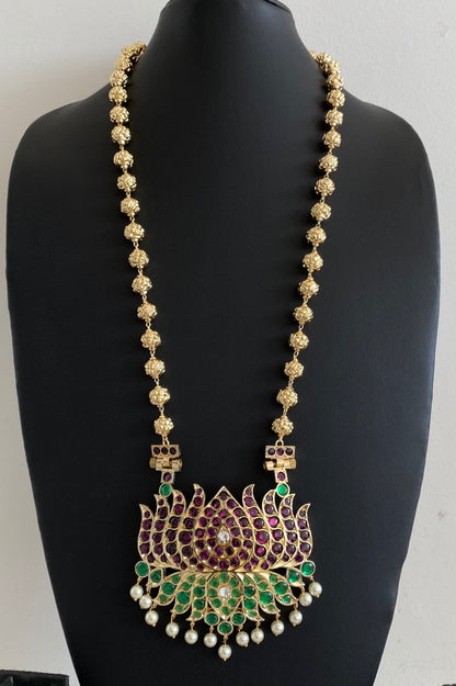 Gold tone precious kemp-green-white lotus nakshi beaded haar dj-54728