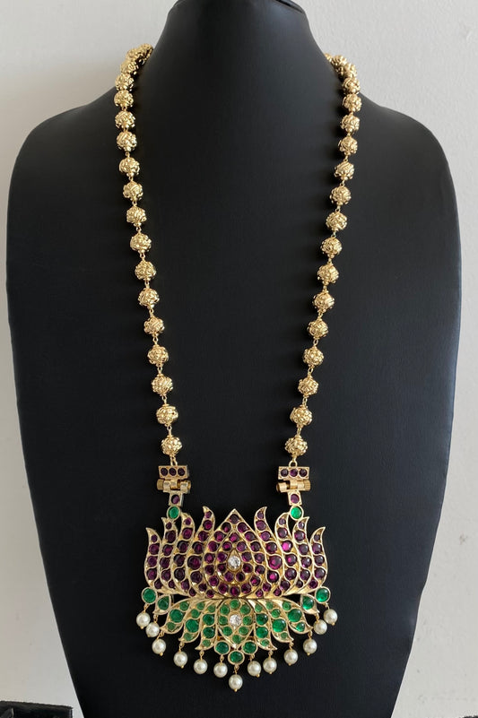 Gold tone precious kemp-green-white lotus nakshi beaded haar dj-54728