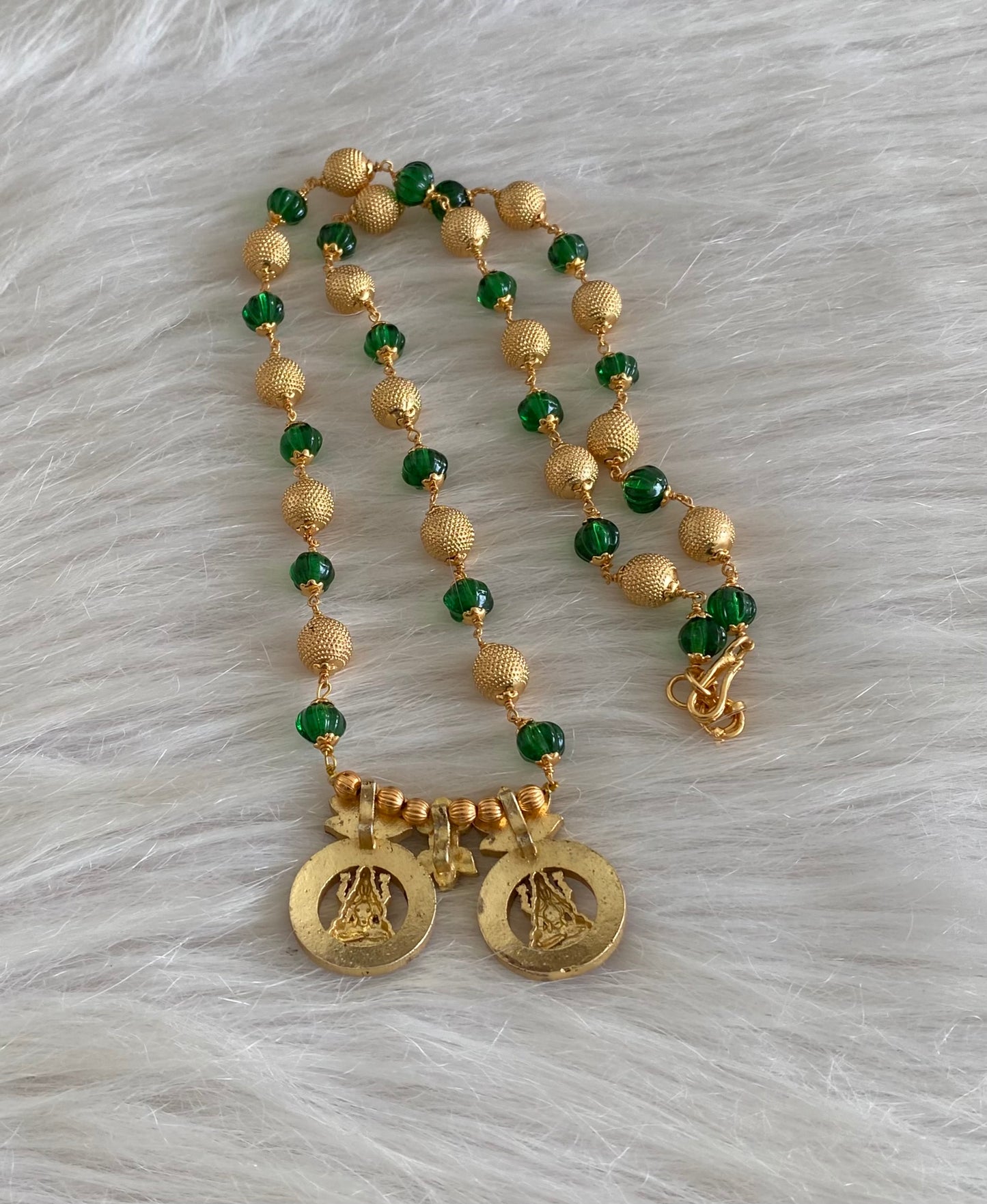 Antique gold tone kemp-green lakshmi kunan jadau beaded mala/short haar dj-54696