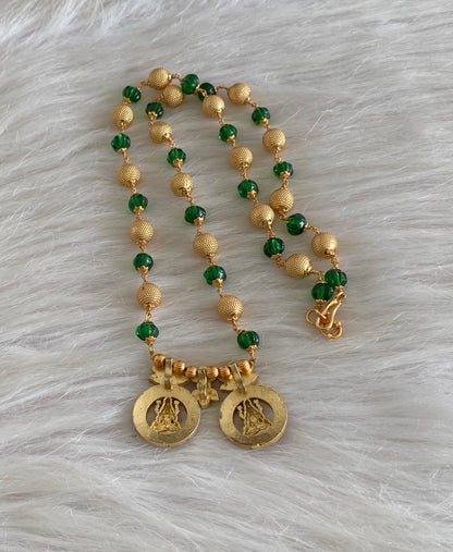 Antique gold tone kemp-green lakshmi kunan jadau beaded mala/short haar dj-54696